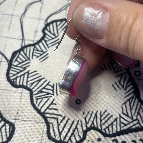 Pink Druzy 925 Sterling Silver Polished Stone Oval Shaped Dangle Earrings - Picture 4 of 6